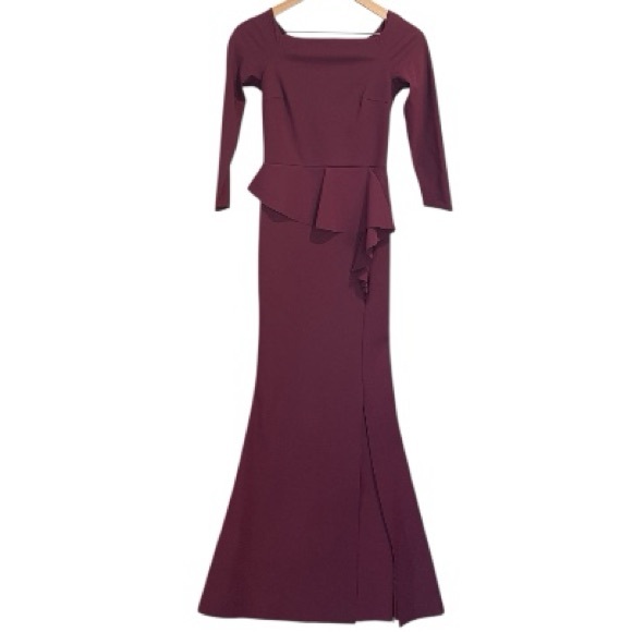 Chiara Boni Adela Purple Merlot Peplum Ruffle Stretch Gown, 3/4 Sleeves, 38/2/XS - Picture 2 of 12